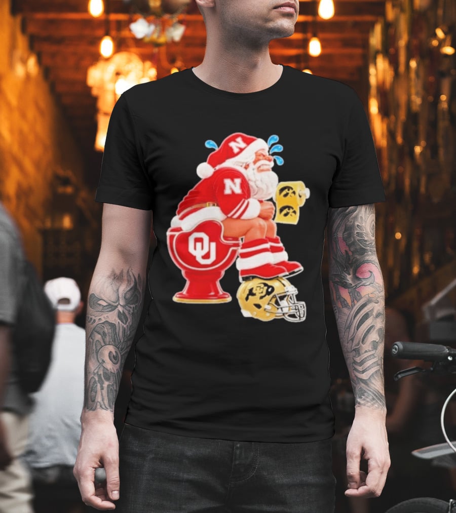 Nebraska Santa On Oklahoma Toilet With Iowa Toilet Paper And Colorado Helmet Football Rivalry Humor T-Shirt