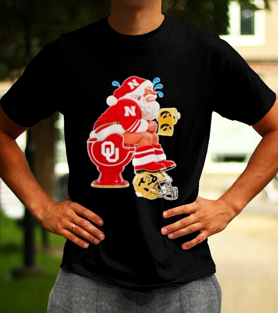 Nebraska Santa On Oklahoma Toilet With Iowa Toilet Paper And Colorado Helmet Football Rivalry Humor T-Shirt