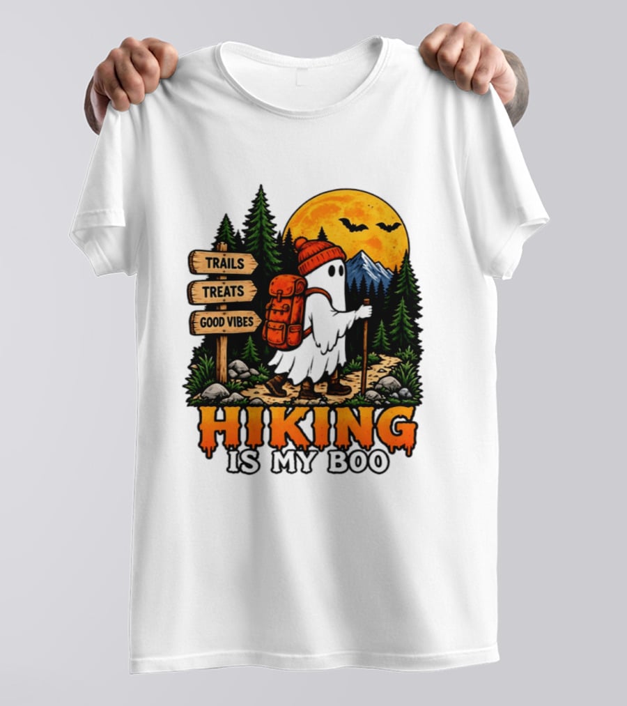 Hiking Is My Boo Ghost Trails Treats Good Vibes Halloween T-Shirt