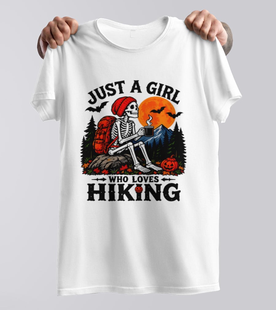 Just A Girl Who Loves Hiking Skeleton Autumn Halloween Pumpkin Bats And Coffee T-Shirt