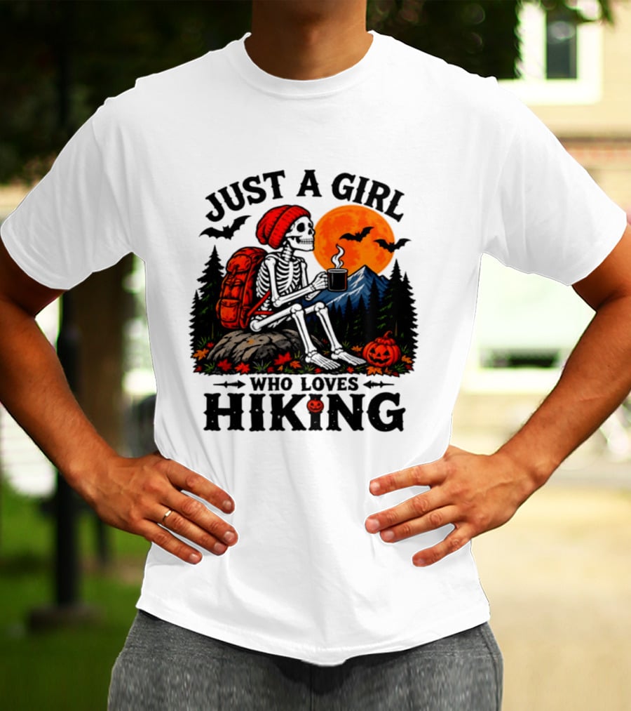 Just A Girl Who Loves Hiking Skeleton Autumn Halloween Pumpkin Bats And Coffee T-Shirt