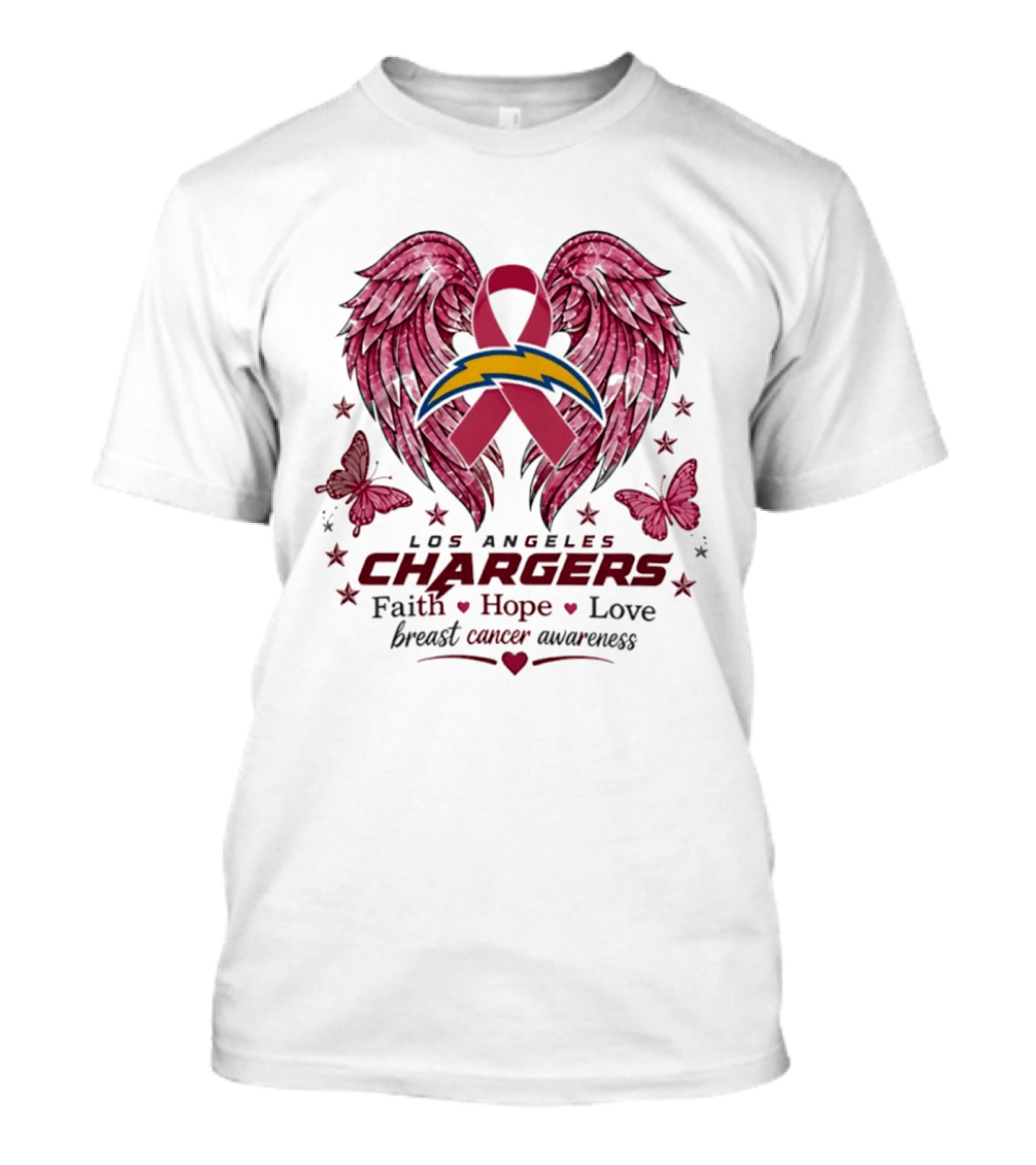 Los Angeles Chargers Breast Cancer Awareness Faith Hope Love Wings Ribbon Butterflies T-Shirt