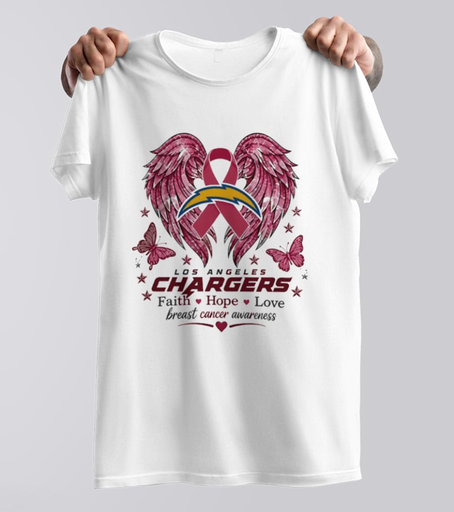Los Angeles Chargers Breast Cancer Awareness Faith Hope Love Wings Ribbon Butterflies T-Shirt