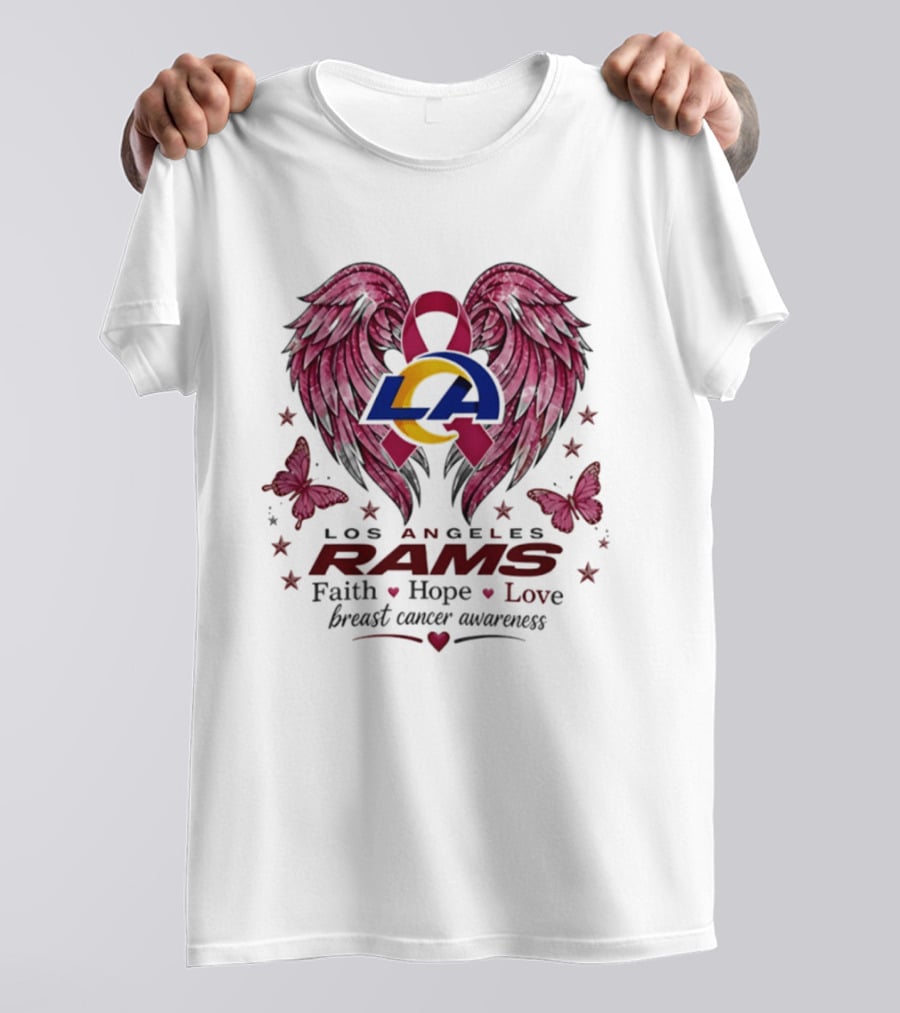 Los Angeles Rams Breast Cancer Awareness Faith Hope Love Wings And Butterflies T-Shirt