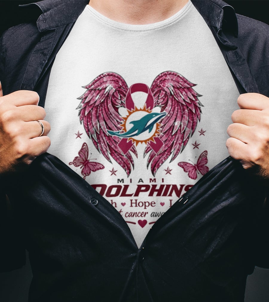 Miami Dolphins Breast Cancer Awareness Faith Hope Love Pink Ribbon Wings T-Shirt