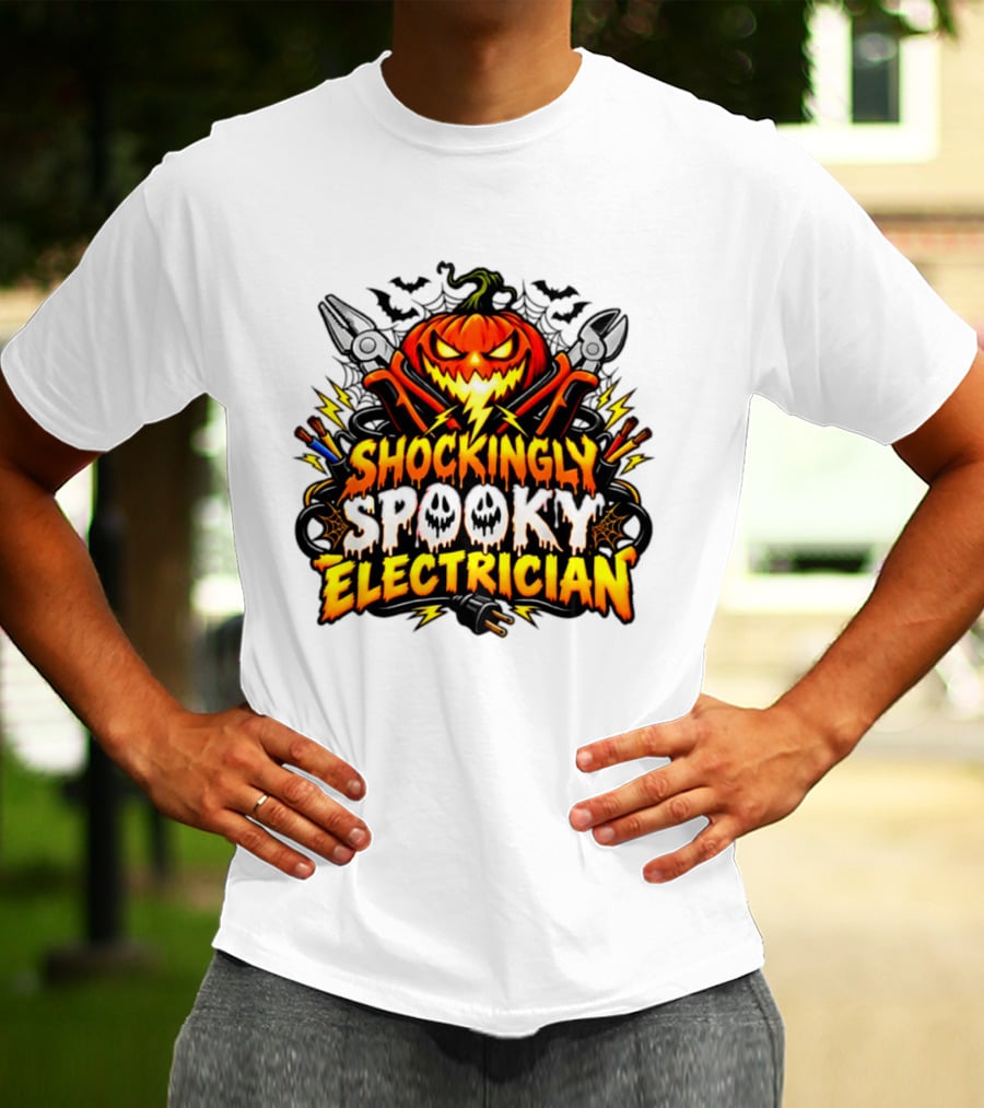 Shockingly Spooky Electrician Pumpkin Halloween Pliers And Bats T-Shirt
