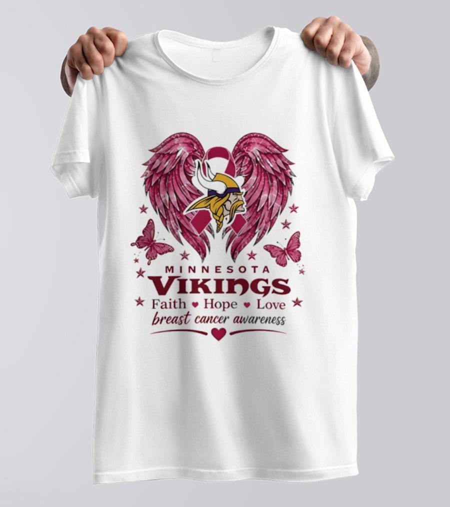 Minnesota Vikings Breast Cancer Awareness Faith Hope Love Wings T-Shirt