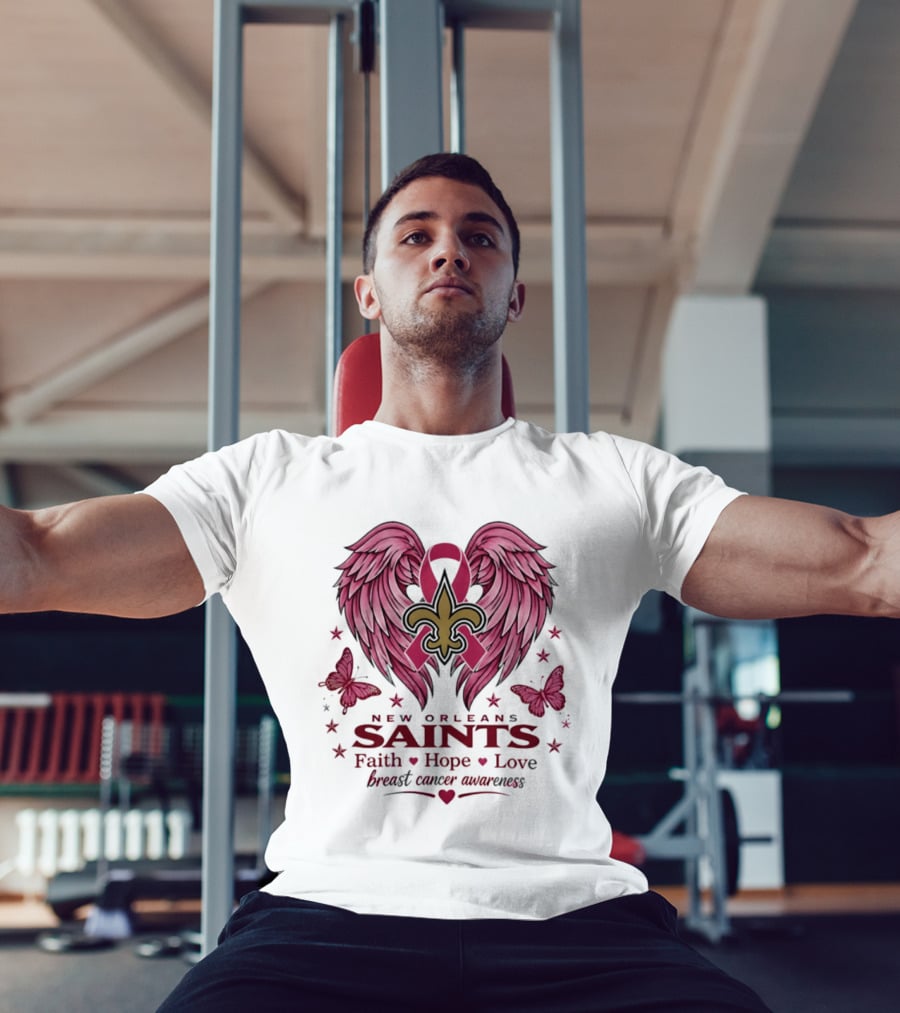 New Orleans Saints Breast Cancer Awareness Faith Hope Love Wings T-Shirt