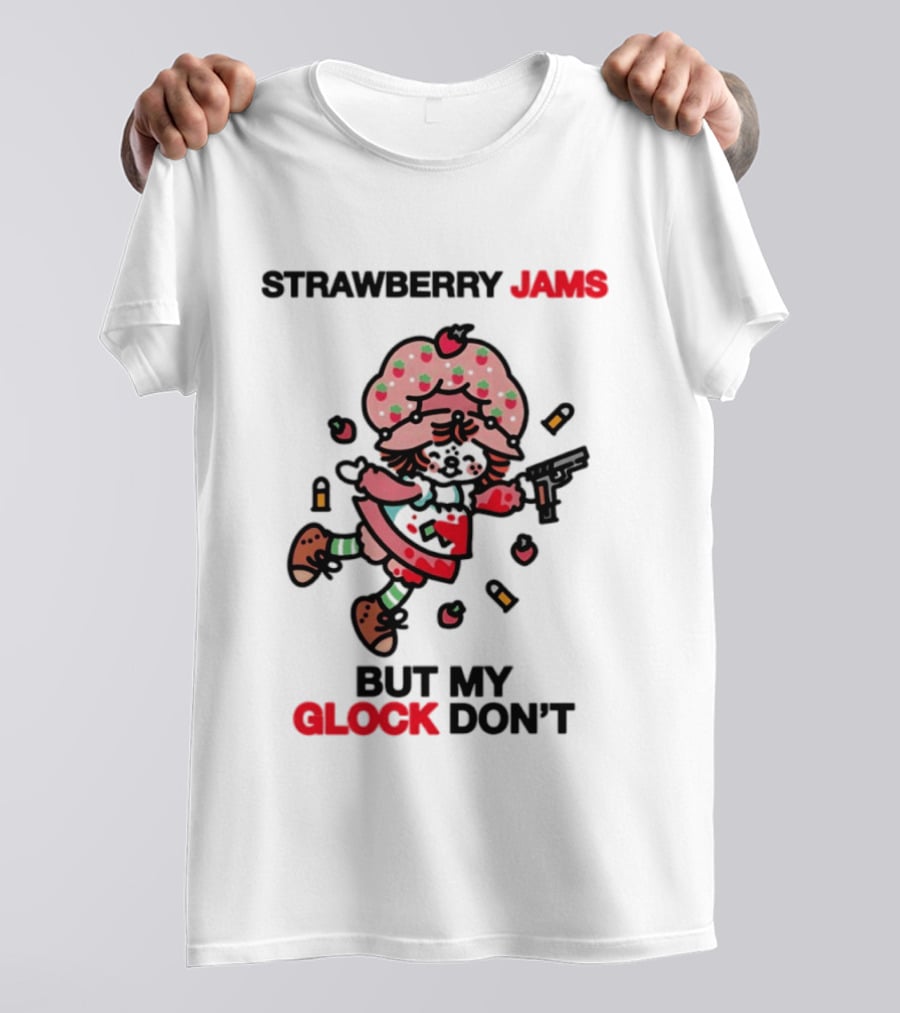Strawberry Jams But My Glock Don't Cartoon Character With Pink Frosted Hat And Pistol T-Shirt