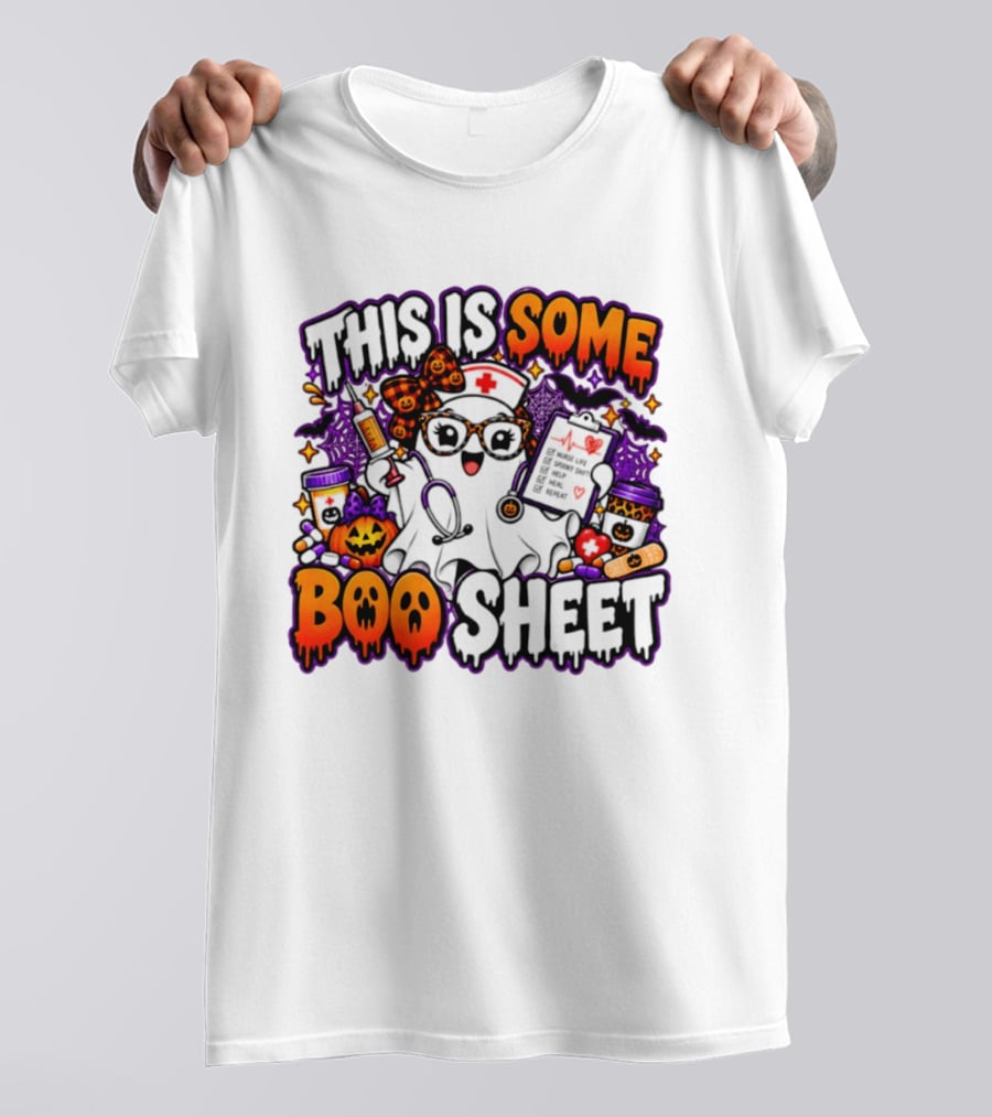 This Is Some Boo Sheet Nurse Life Spooky Shift Halloween 2026 Pumpkin Ghost Nurse Hat Glasses Bats T-Shirt