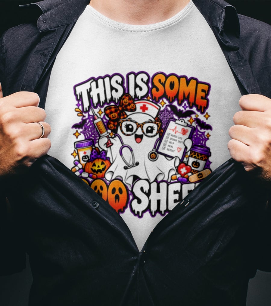 This Is Some Boo Sheet Nurse Life Spooky Shift Halloween 2026 Pumpkin Ghost Nurse Hat Glasses Bats T-Shirt