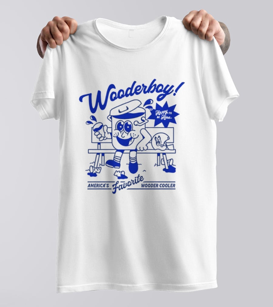 Wooderboy America's Favorite Wooder Cooler Happy To Be Here Cartoon Character Sitting On Bench With Drink T-Shirt