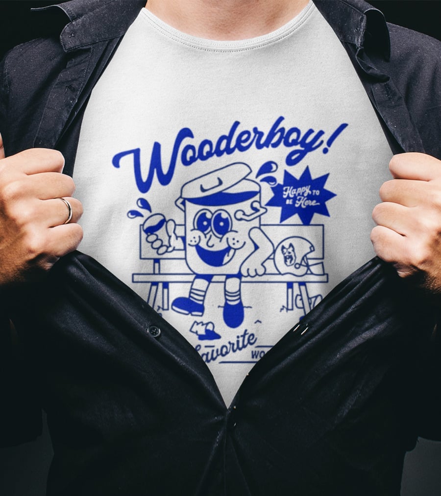 Wooderboy America's Favorite Wooder Cooler Happy To Be Here Cartoon Character Sitting On Bench With Drink T-Shirt