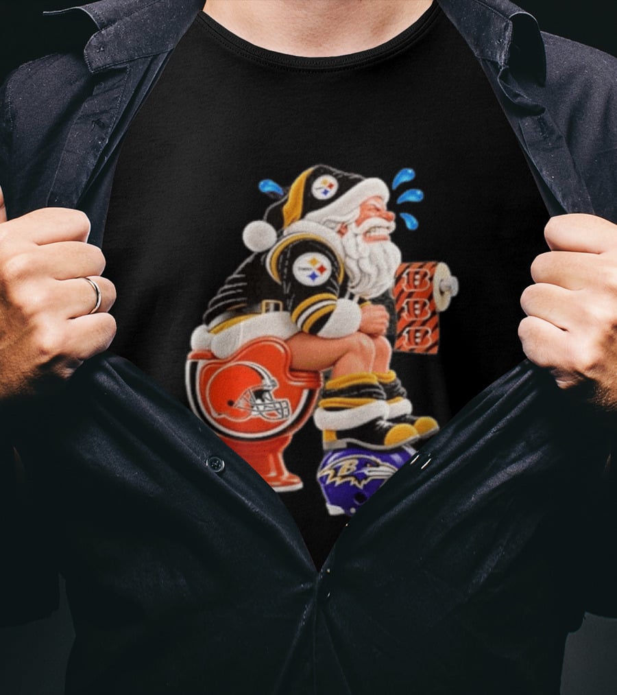 Pittsburgh Steelers Santa Christmas Cleveland Browns Toilet Baltimore Ravens Helmet Cincinnati Bengals Toilet Paper Football T-Shirt