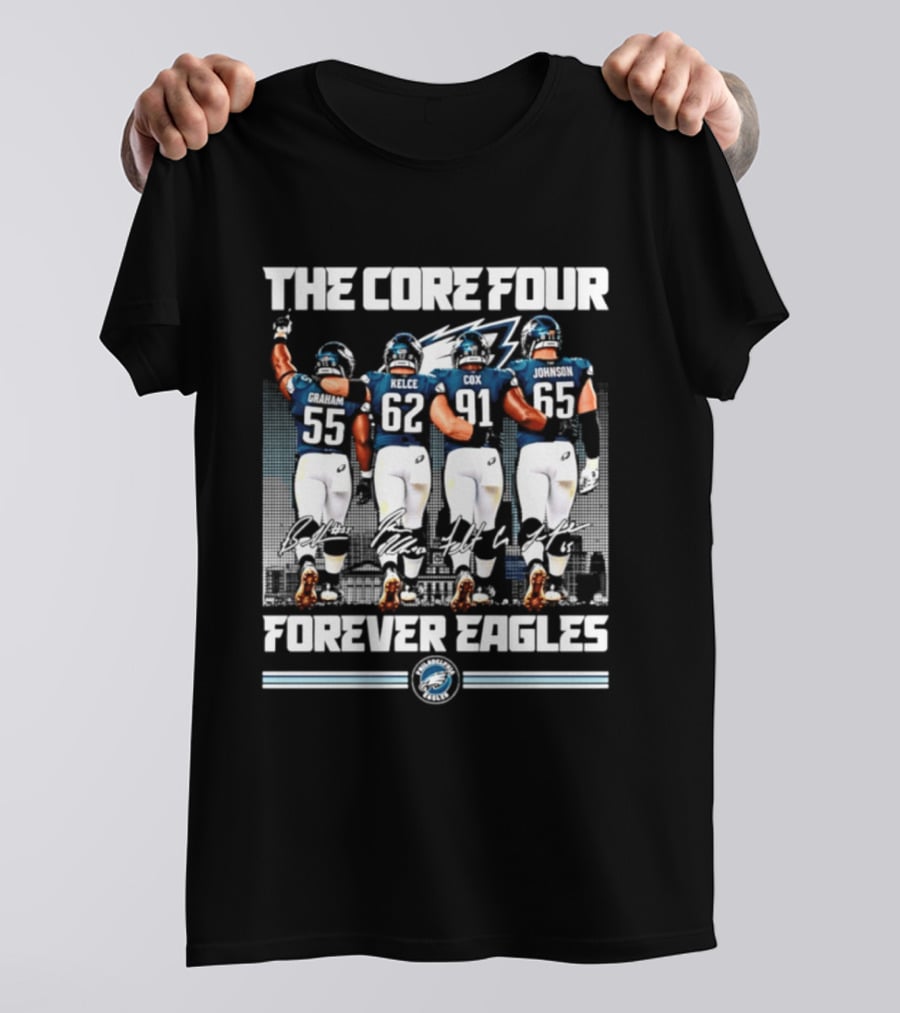 Philadelphia Eagles The Core Four Jenkins Kelce Cox Johnson Forever Legends Skyline Signatures T-Shirt