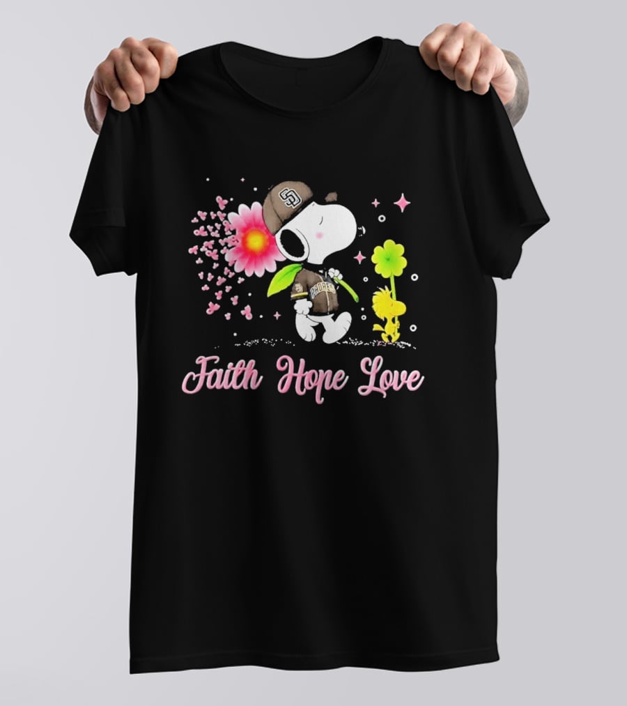Snoopy San Diego Padres Faith Hope Love Breast Cancer Awareness T-Shirt