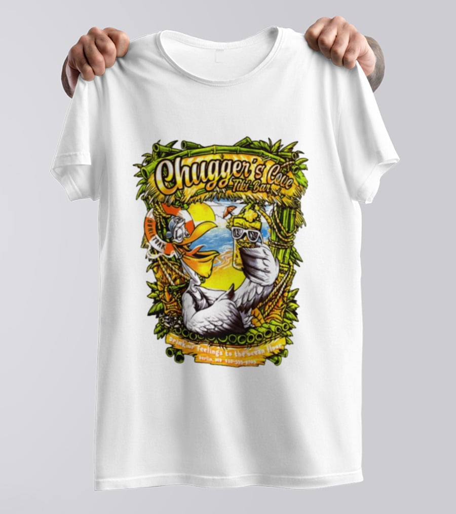Chugger's Cove Tiki Bar Beach Pelican Drink Ur Feelings Ocean Floor Berlin MD T-Shirt