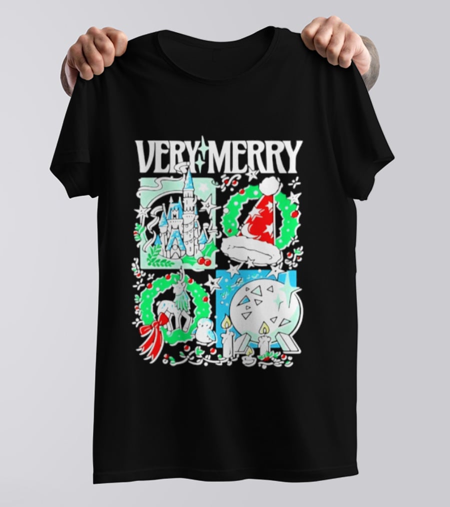 Very Merry 2026 Christmas Disney Castle Holiday Wreath And Santa Hat Candles T-Shirt