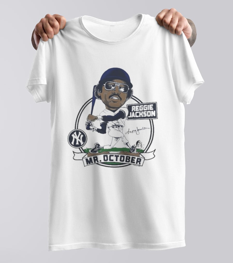 Yankees Reggie Jackson Mr. October Caricature Signature Art With NY Yankees T-Shirt