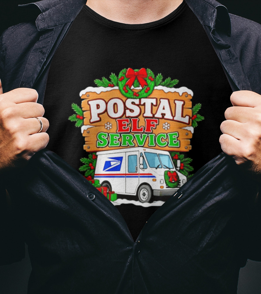 USPS Christmas Postal Elf Service Truck Wreath And Holiday Gifts T-Shirt