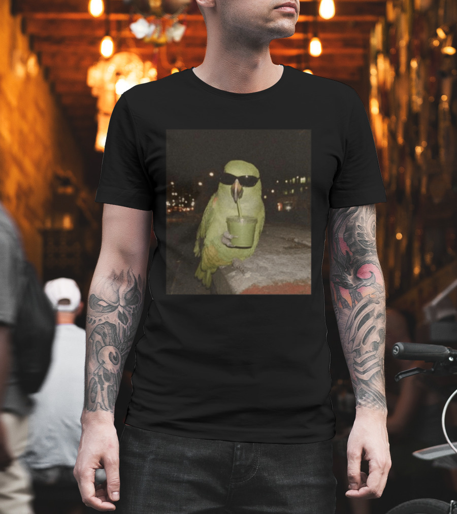 Parrot Wearing Sunglasses Enjoying Green Smoothie At Night T-Shirt