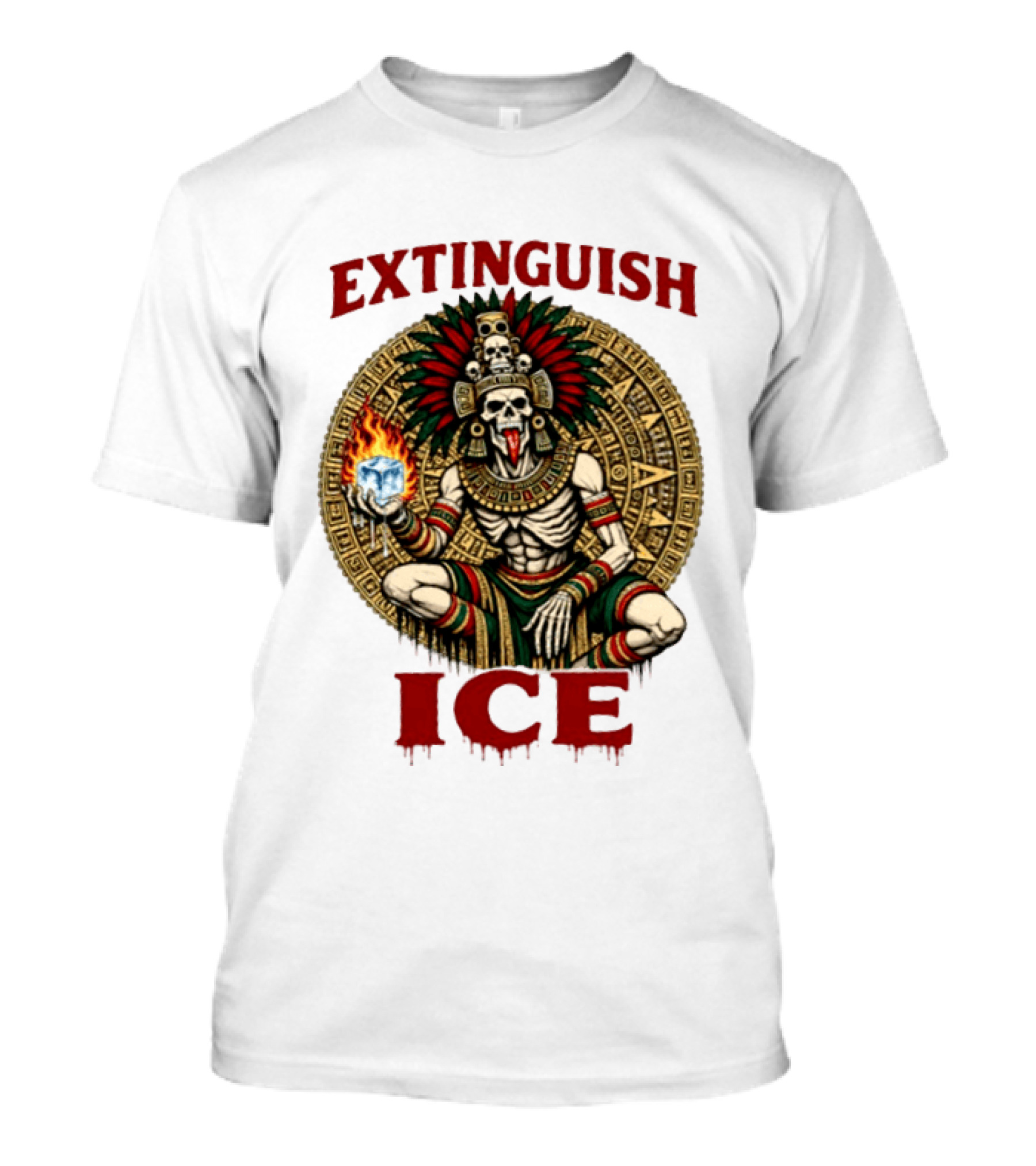 Aztec Skeleton Extinguish Ice Fire Mayan T-Shirt