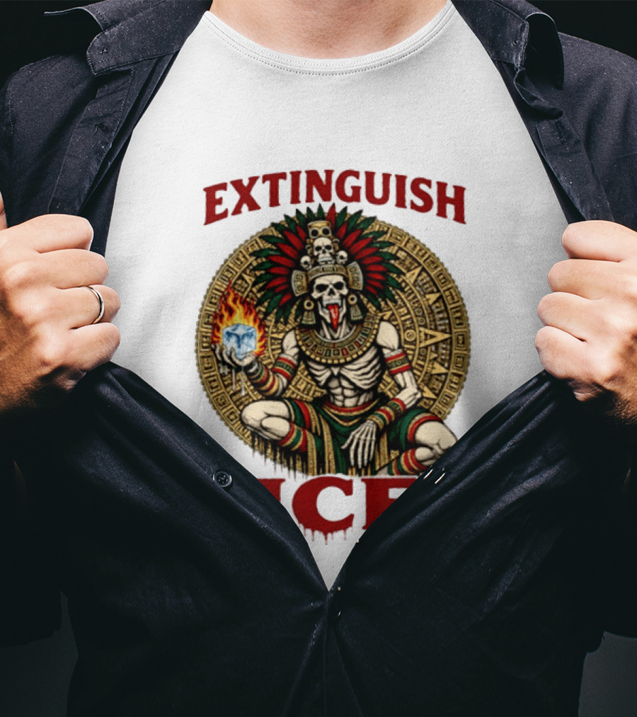 Aztec Skeleton Extinguish Ice Fire Mayan T-Shirt