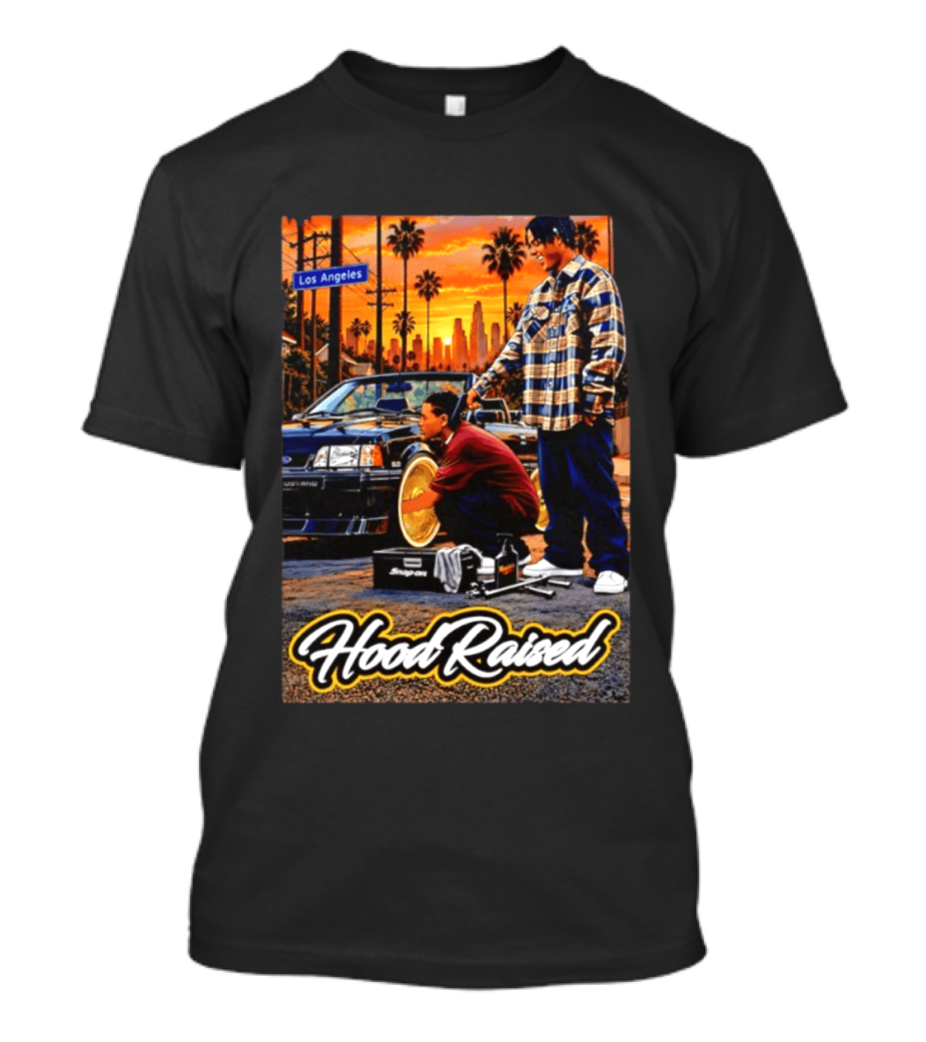 Hood Raised Los Angeles Ford Mustang Enthusiast Scene T-Shirt