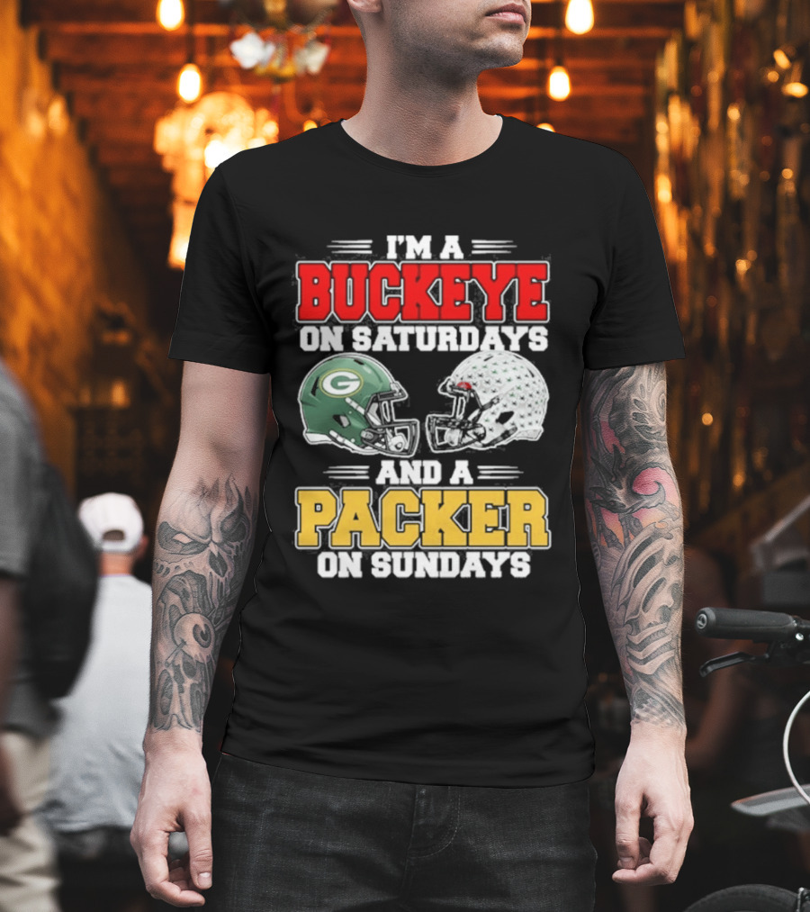 Buckeye On Saturdays Packer On Sundays Football Helmets T-Shirt