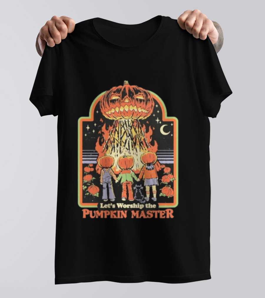 Let's Worship The Pumpkin Master Halloween Kids With Pumpkins And Cat T-Shirt