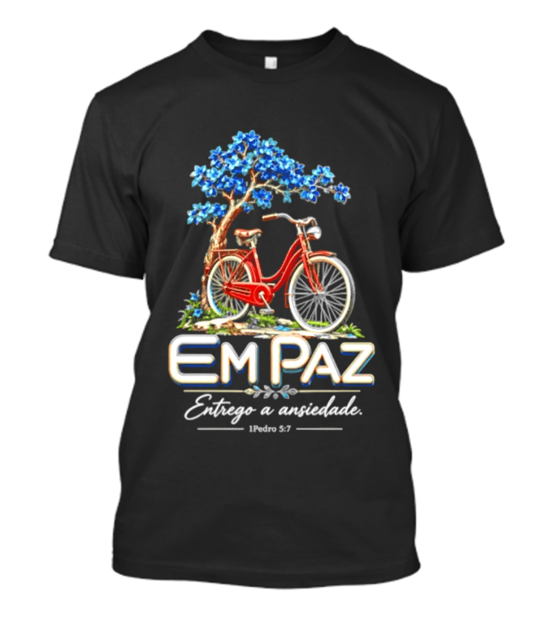 Em Paz Entrego A Ansiedade 1 Pedro 5 7 Bicicleta Árvore Flores Azuis T-Shirt