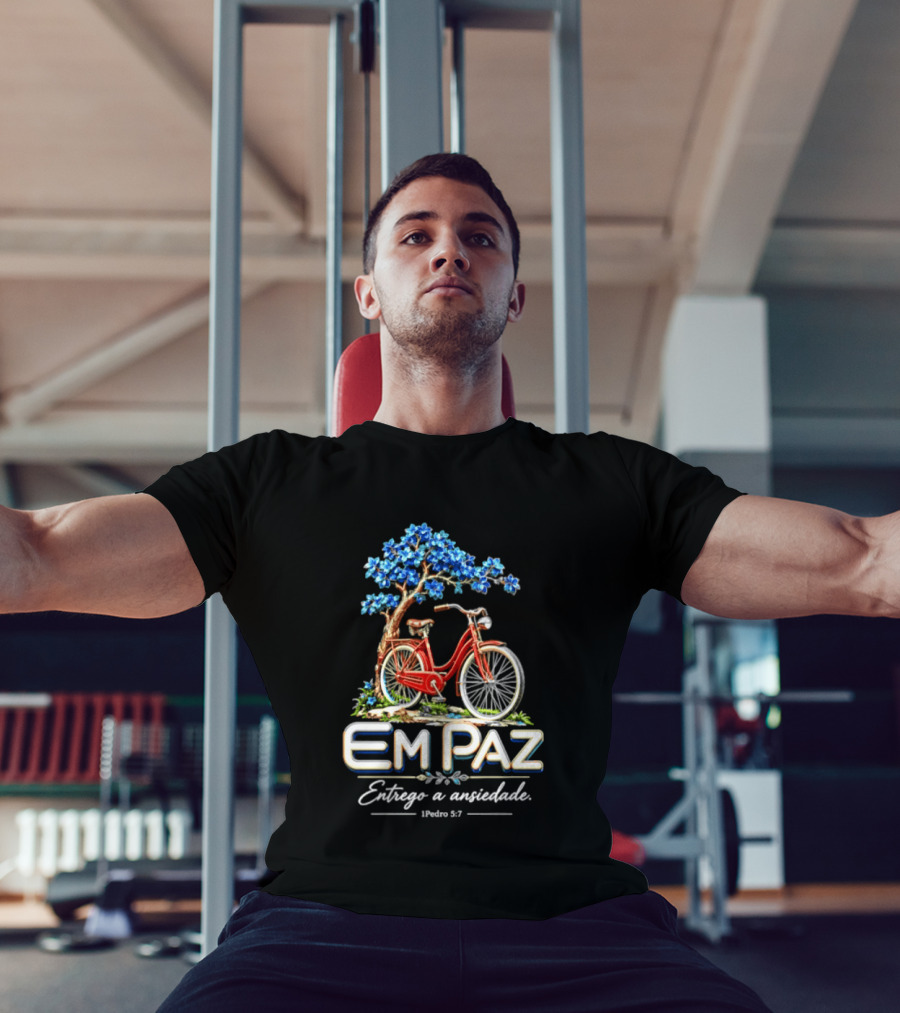 Em Paz Entrego A Ansiedade 1 Pedro 5 7 Bicicleta Árvore Flores Azuis T-Shirt