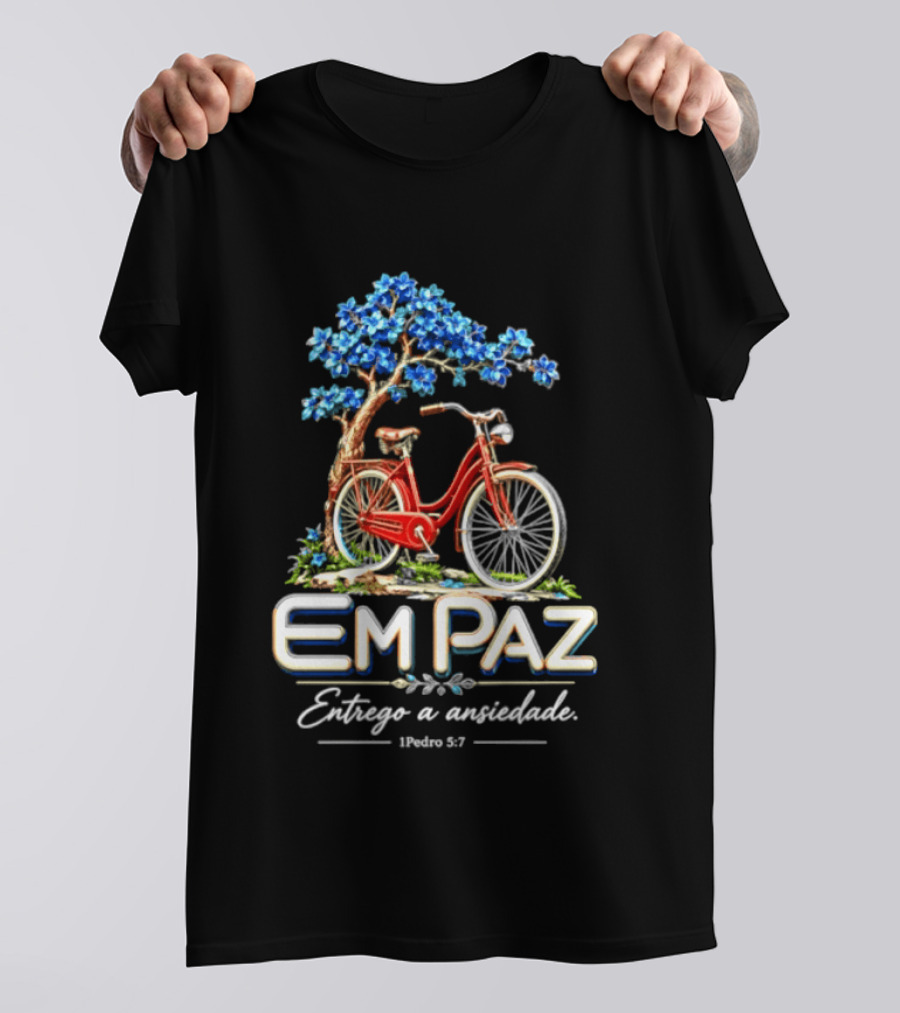 Em Paz Entrego A Ansiedade 1 Pedro 5 7 Bicicleta Árvore Flores Azuis T-Shirt