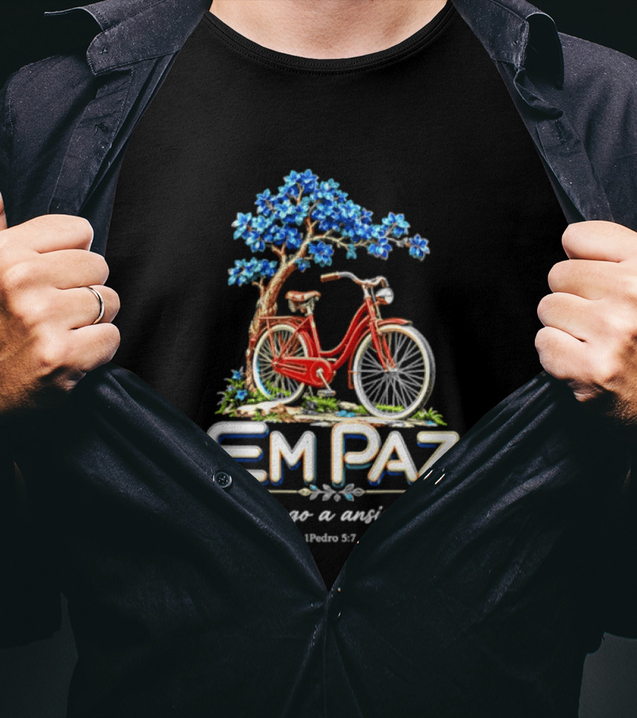 Em Paz Entrego A Ansiedade 1 Pedro 5 7 Bicicleta Árvore Flores Azuis T-Shirt