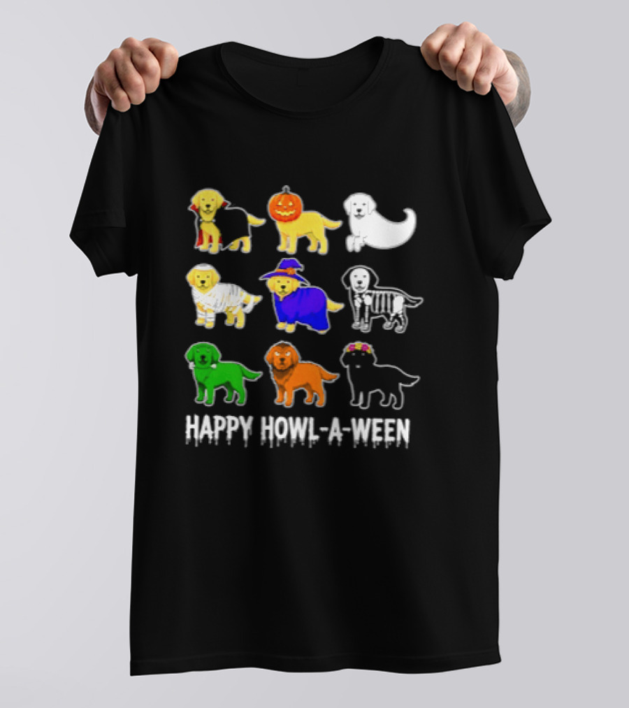Happy Howl A Ween Dogs Halloween 2026 Pumpkin Witch Skeleton Costumes T-Shirt