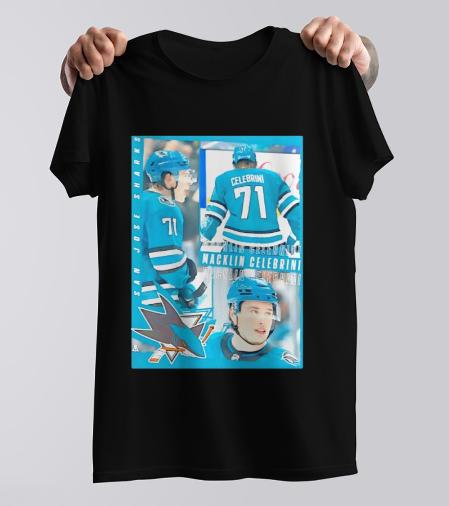 San Jose Sharks Macklin Celebrini 71 NHL 2026 All For One T-Shirt