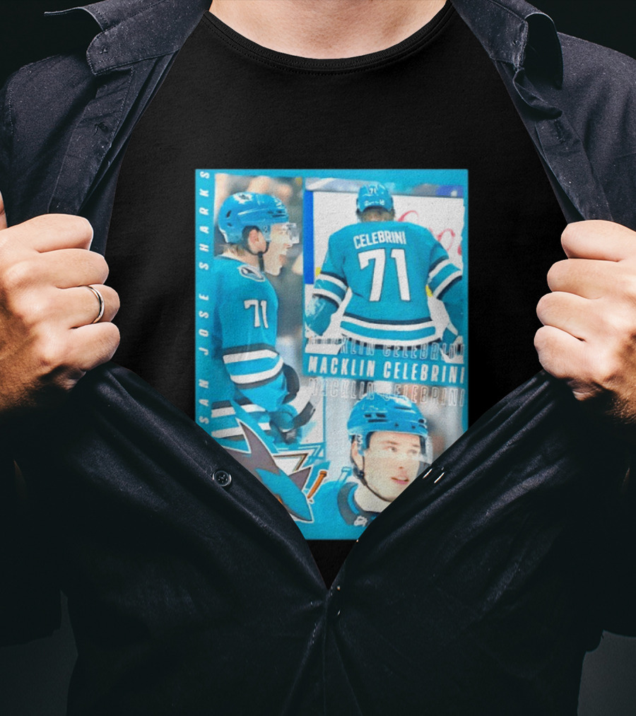 San Jose Sharks Macklin Celebrini 71 NHL 2026 All For One T-Shirt