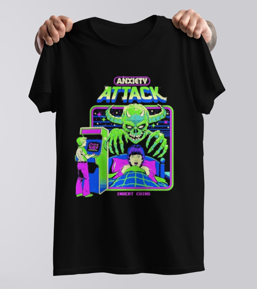 Retro Anxiety Attack Arcade Game Monster Steven Rhodes T-Shirt