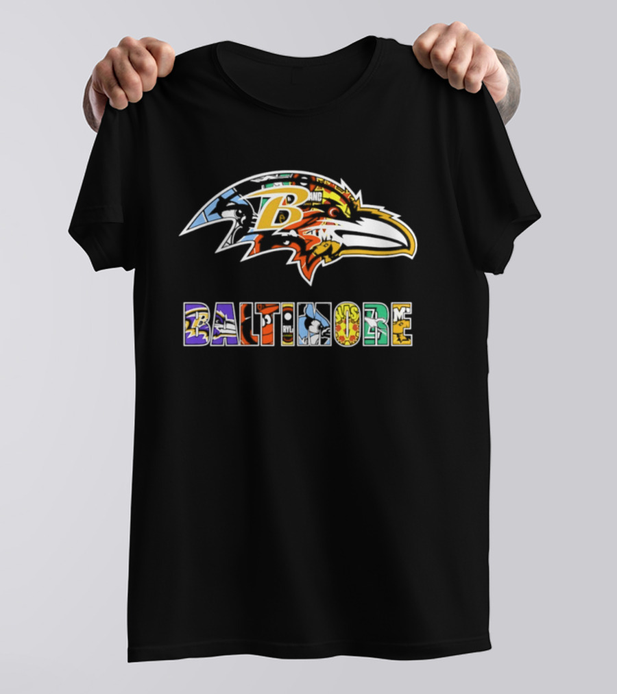 Baltimore Ravens Colorful Collage Art Ravens Head T-Shirt