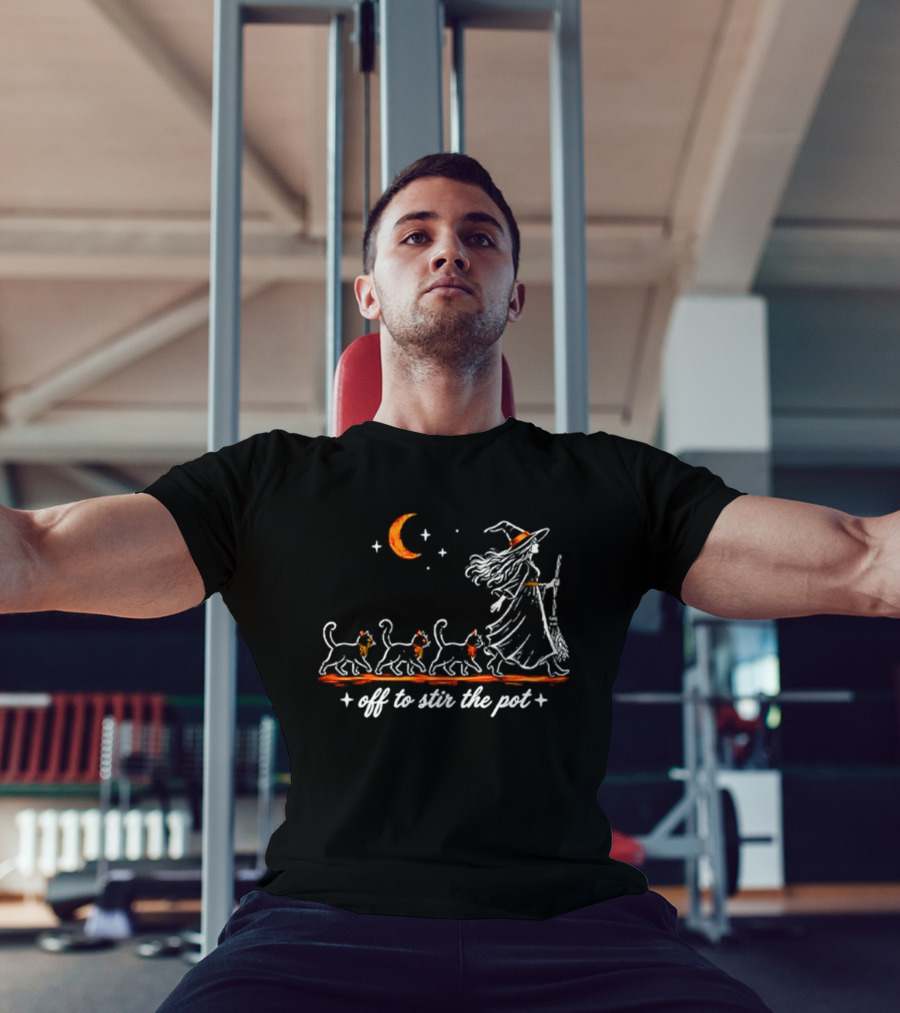 Off To Stir The Pot Witch Black Cats Halloween Moon Magic T-Shirt