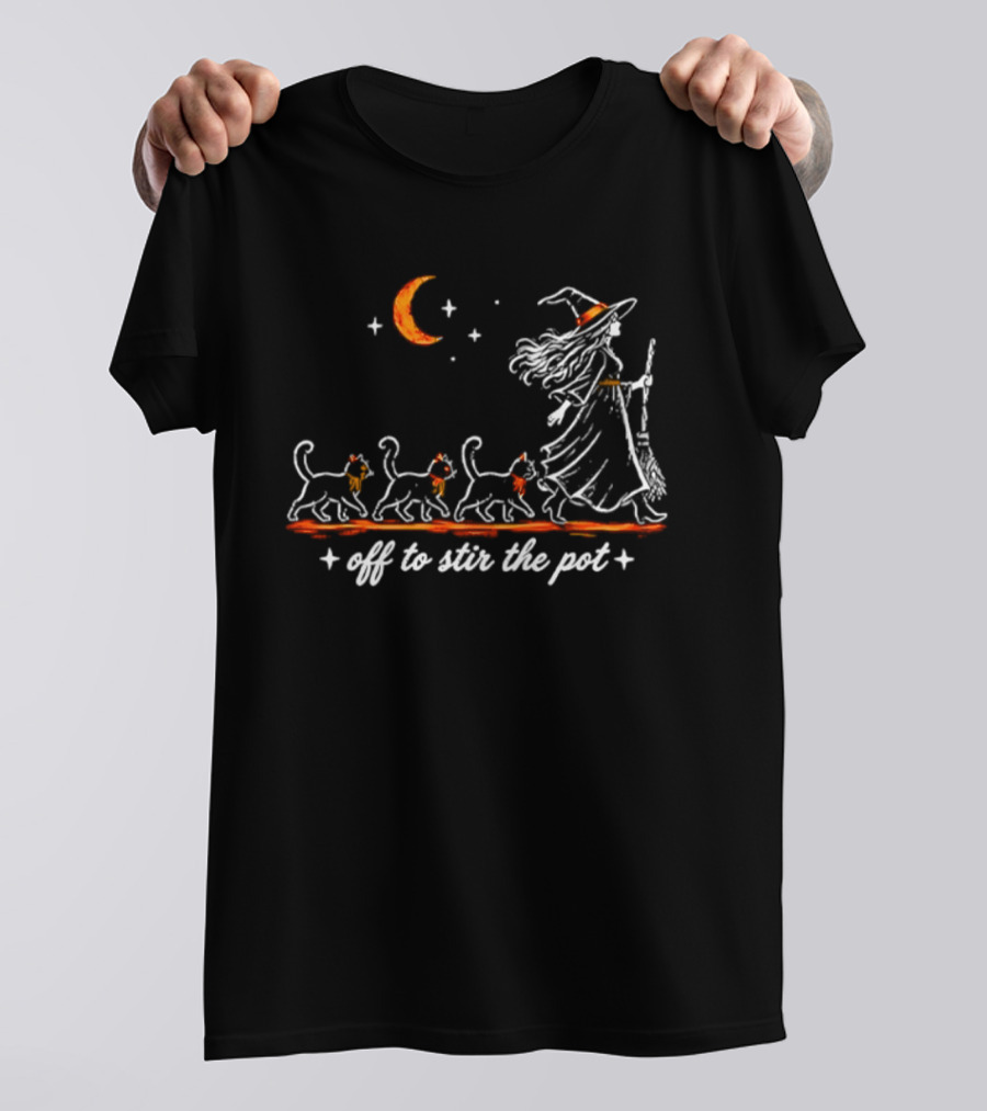 Off To Stir The Pot Witch Black Cats Halloween Moon Magic T-Shirt