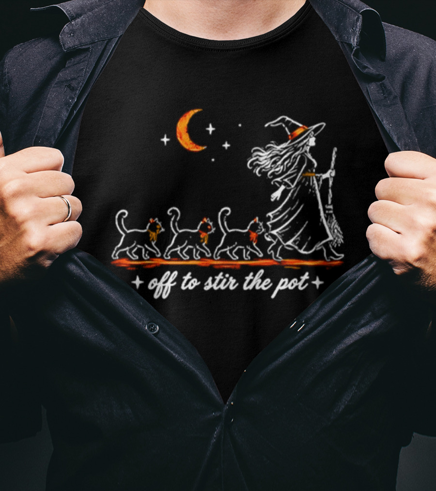 Off To Stir The Pot Witch Black Cats Halloween Moon Magic T-Shirt