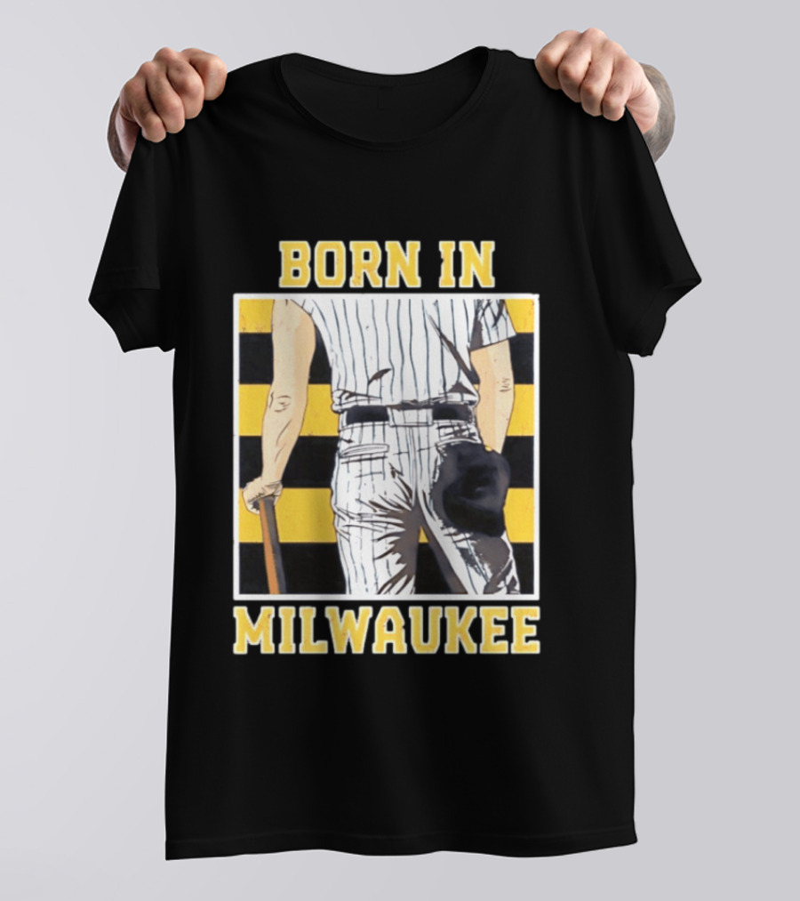 Born In Milwaukee Baseball Vintage Stripes Player Holding Cap T-Shirt