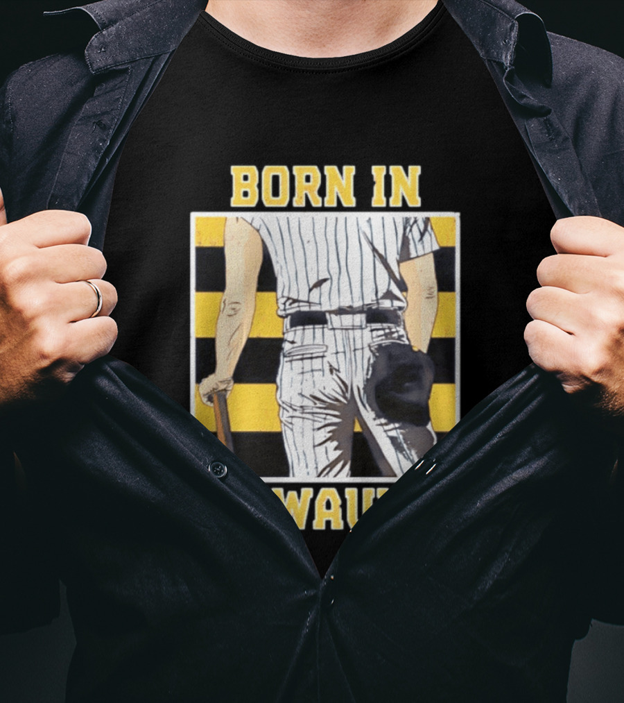 Born In Milwaukee Baseball Vintage Stripes Player Holding Cap T-Shirt