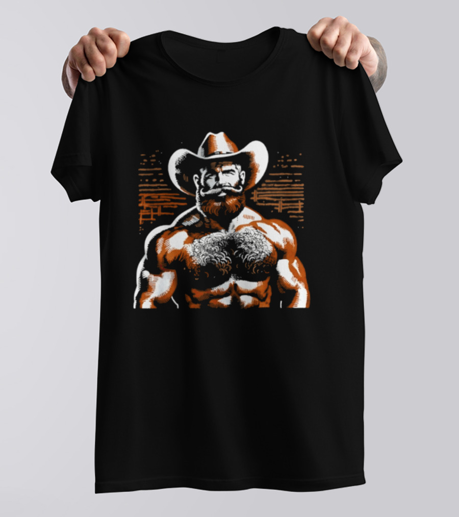 Hairy Cowboy Western Mustache Bearded Man Muscular Rancher T-Shirt