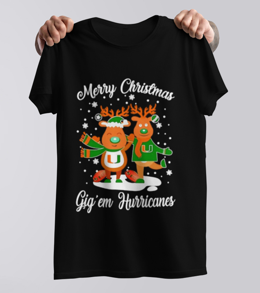 Merry Christmas Gig'em Hurricanes Miami NCAA Football 2026 Reindeer Sports Fan Holiday T-Shirt