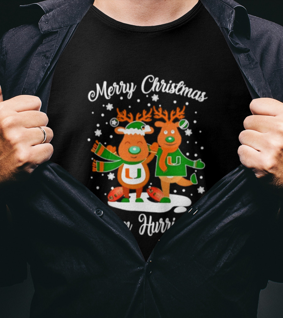 Merry Christmas Gig'em Hurricanes Miami NCAA Football 2026 Reindeer Sports Fan Holiday T-Shirt