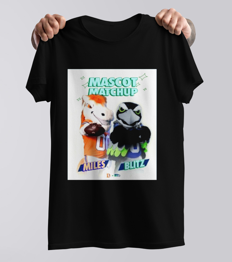 Mascot Matchup Miles Vs Blitz Denver Broncos Seattle Seahawks 2026 T-Shirt