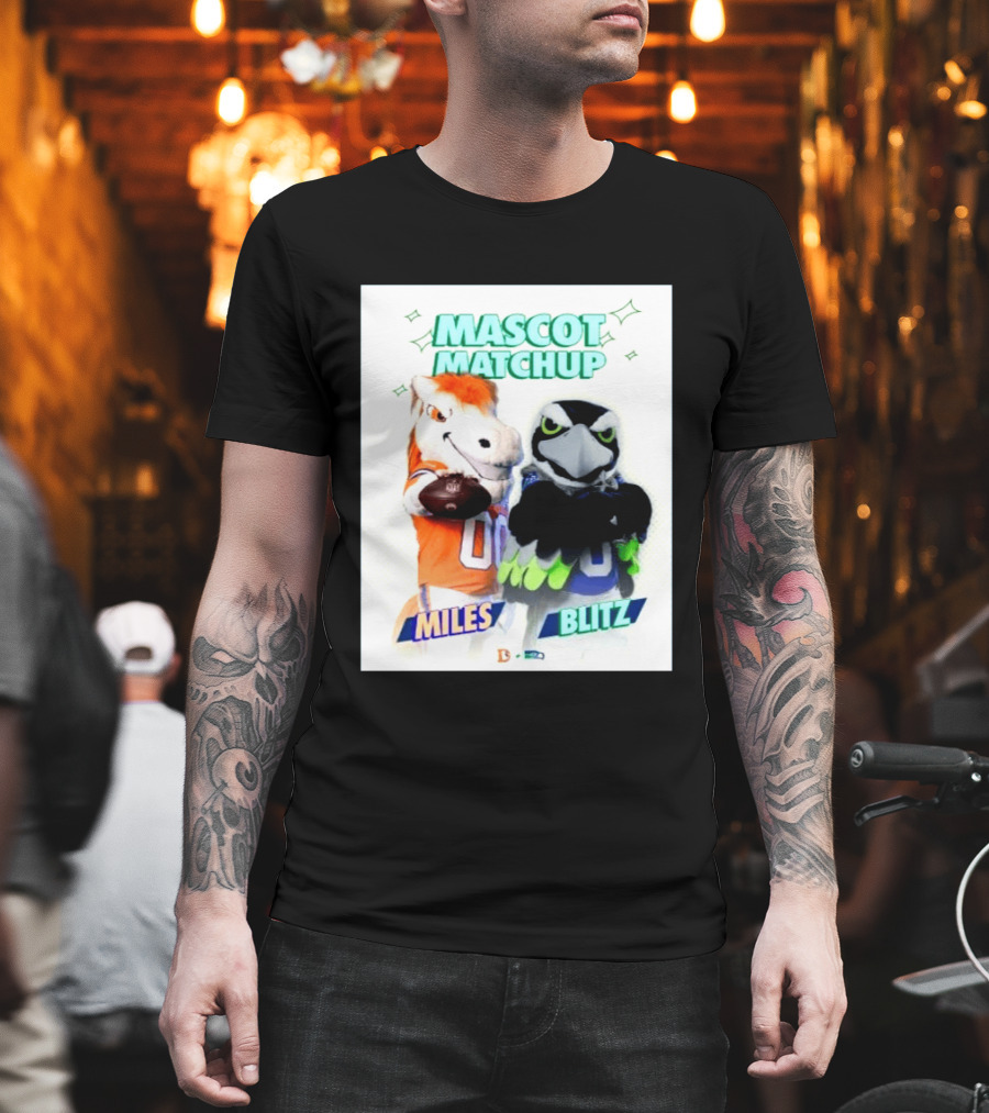 Mascot Matchup Miles Vs Blitz Denver Broncos Seattle Seahawks 2026 T-Shirt