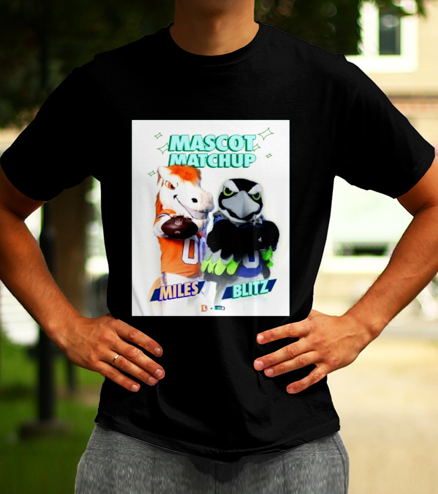 Mascot Matchup Miles Vs Blitz Denver Broncos Seattle Seahawks 2026 T-Shirt